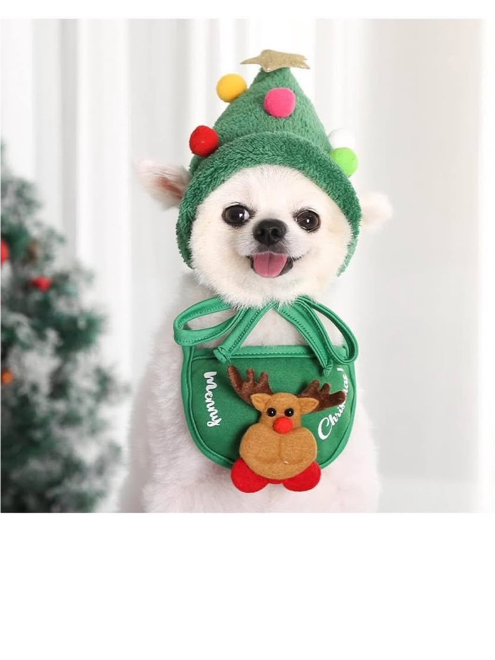 Festive Green Christmas Tree Hat & Reindeer Bib Pet Costume (L)
